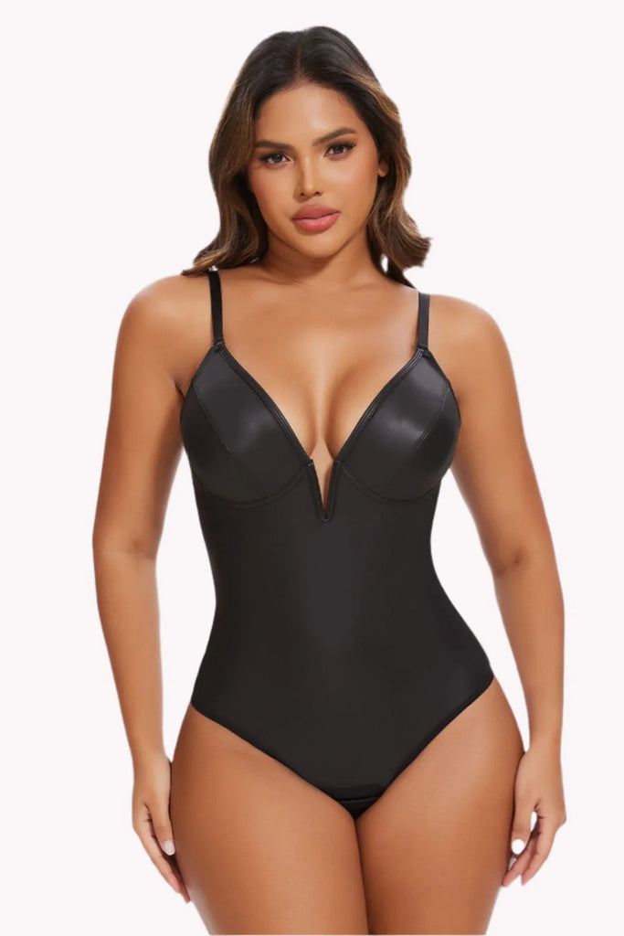 Tummy Control Deep-V Leather Bodysuit Shaper