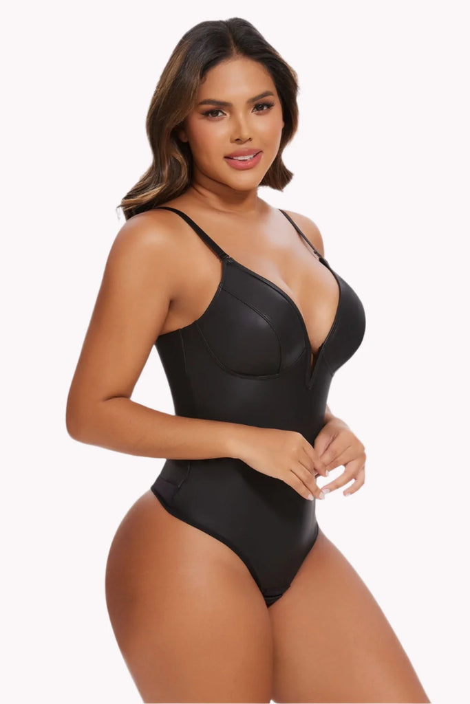 Tummy Control Deep-V Leather Bodysuit Shaper