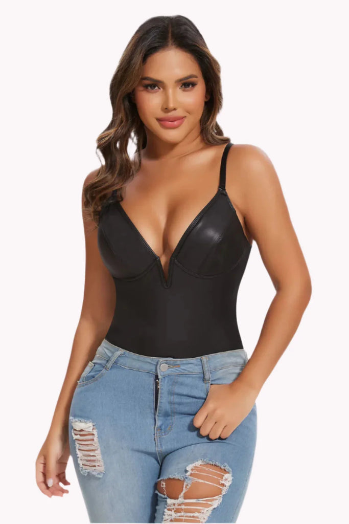 Tummy Control Deep-V Leather Bodysuit Shaper