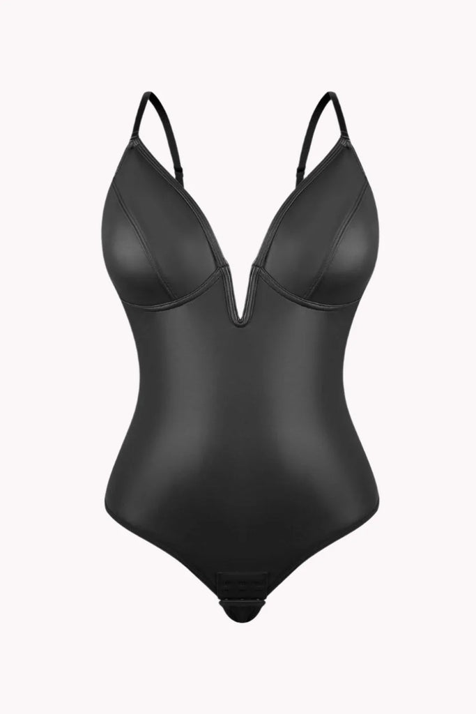 Tummy Control Deep-V Leather Bodysuit Shaper