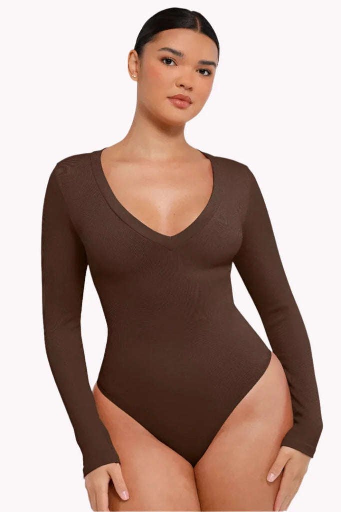 Tummy Control Long Sleeve V-Neck Bodysuit Shaper